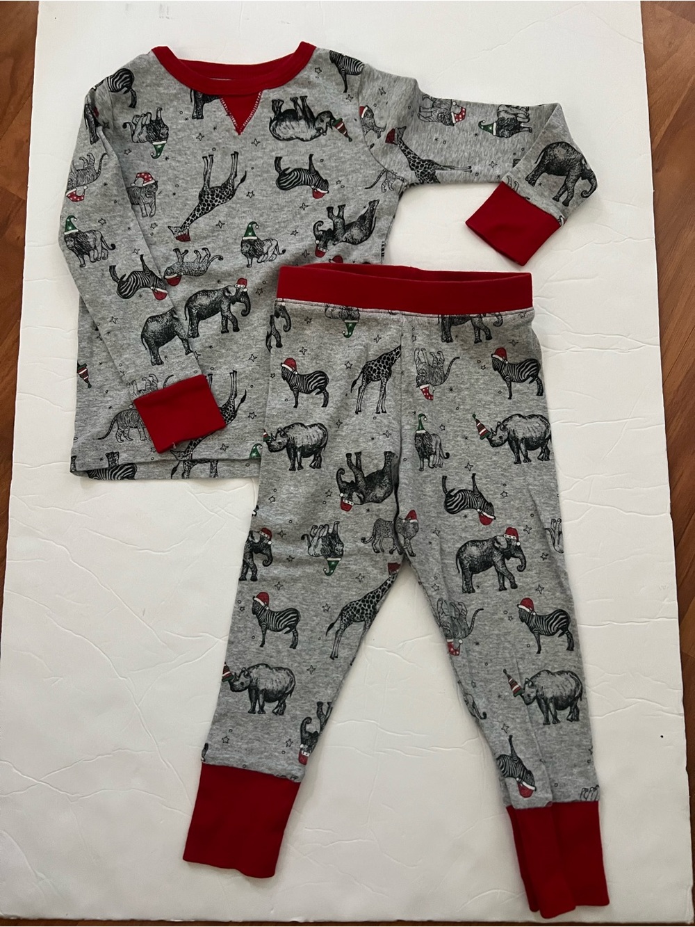 3T Grey Pajama Set with Red Trim and Animal Print